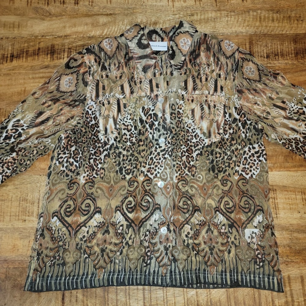 Alfred Dunner Blouse Jacket Semi-Sheer Brown Tan Animal Cheetah Leopard Print